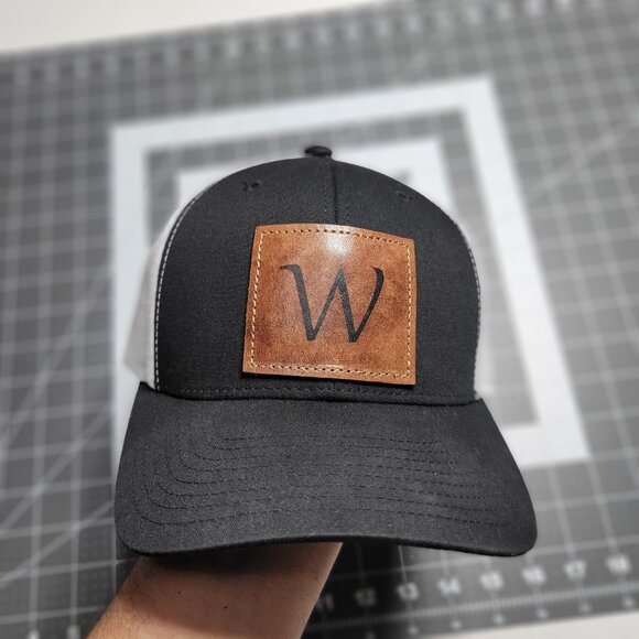 Custom Trucker Leather patch hat with stitched logo letter of your choice - Picture 1 of 9